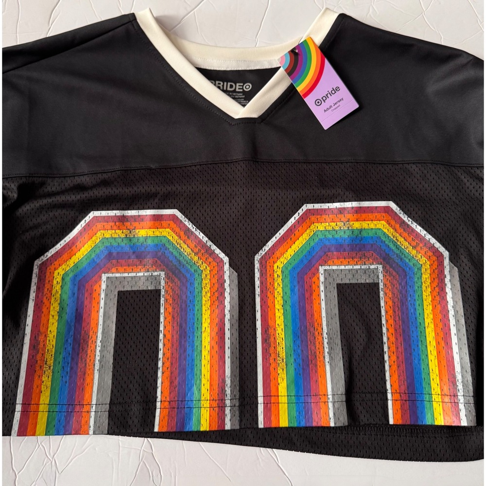 Target Pride Adult Cropped Jersey Black Rainbow Mesh V-Neck Shirt Large NWT